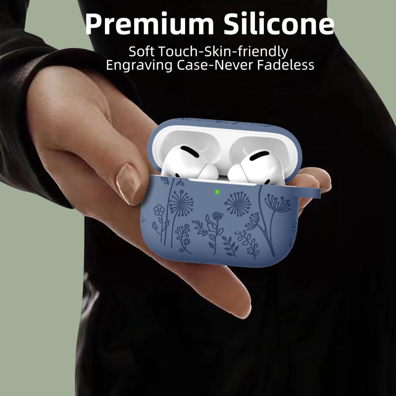 Lerobo Compatible with Apple Airpods Pro 2nd 1st Generation Case Cute Flower Engraved Cover Soft Silicone Skin Cover Full Protective Case for AirPod Pro/Pro 2 Case USB C, Front LED Visible, Blue Gray - Image 4