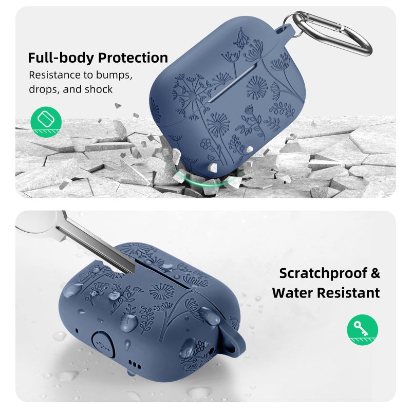 Lerobo Compatible with Apple Airpods Pro 2nd 1st Generation Case Cute Flower Engraved Cover Soft Silicone Skin Cover Full Protective Case for AirPod Pro/Pro 2 Case USB C, Front LED Visible, Blue Gray - Image 3