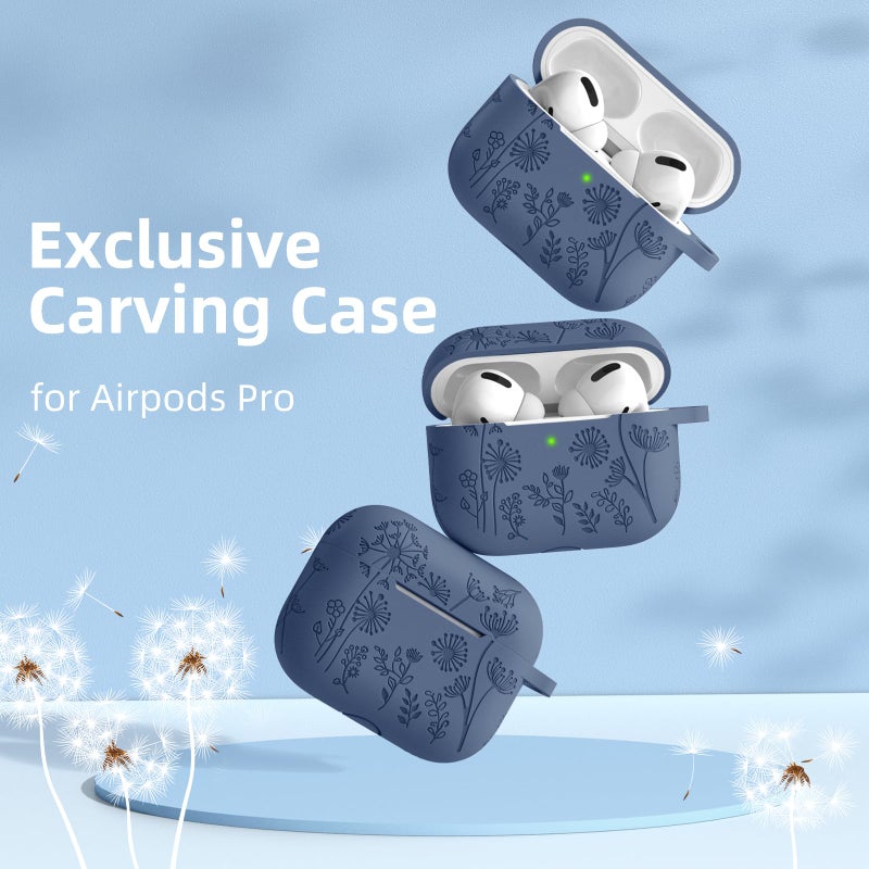 Lerobo Compatible with Apple Airpods Pro 2nd 1st Generation Case Cute Flower Engraved Cover Soft Silicone Skin Cover Full Protective Case for AirPod Pro/Pro 2 Case USB C, Front LED Visible, Blue Gray - Image 2