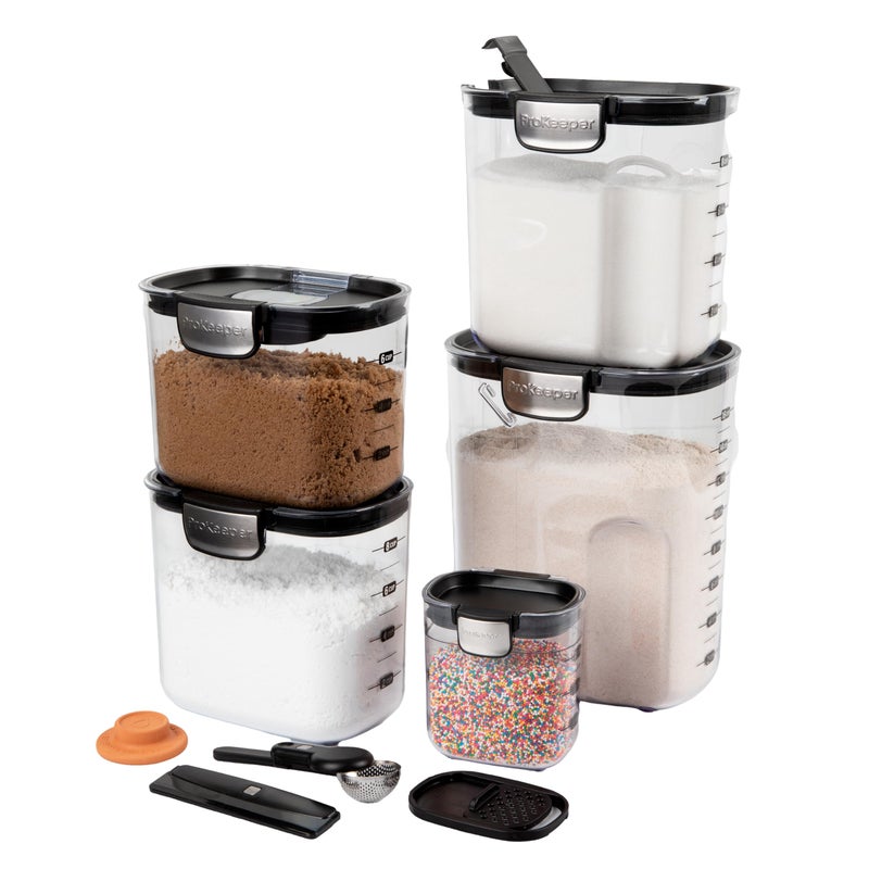 ProKeeper+ Airtight Food Storage Container Set â€“ Clear Plastic Flour and Sugar Canister Set with Magnetic Accessories for Kitchen Organization (Black, 9-Piece) - Image 1