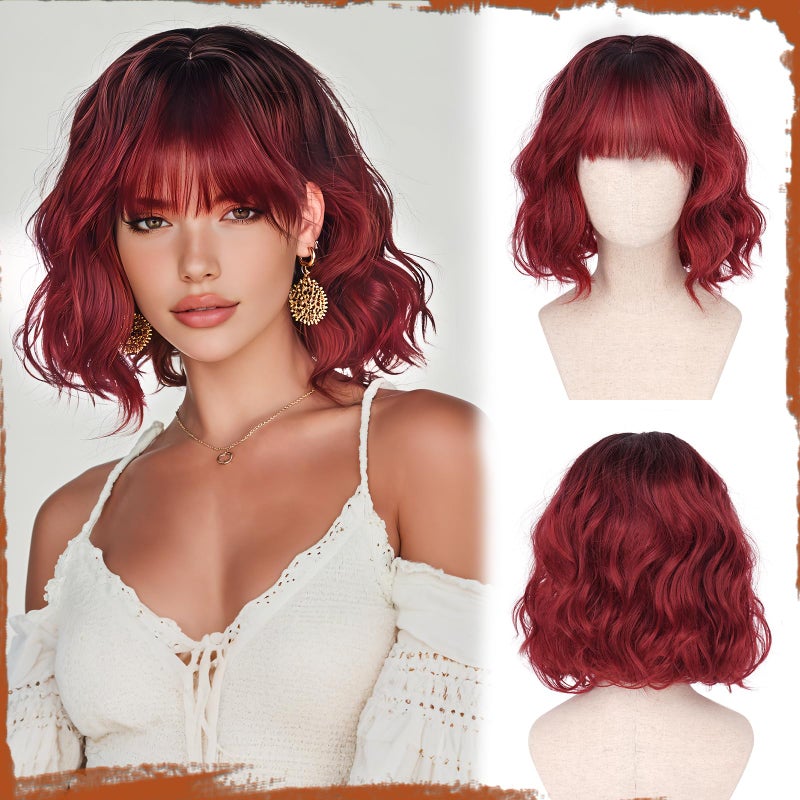 SOFEIYAN Short Wavy Bob Wig with Bangs Women 30 cm Synthetic Wig for Women Natural Curly Wig for Cosplay Everyday Party Halloween - Image 1