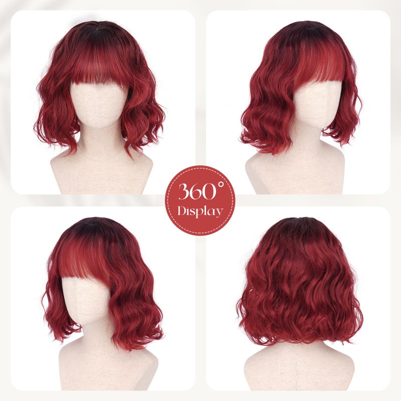 SOFEIYAN Short Wavy Bob Wig with Bangs Women 30 cm Synthetic Wig for Women Natural Curly Wig for Cosplay Everyday Party Halloween - Image 4