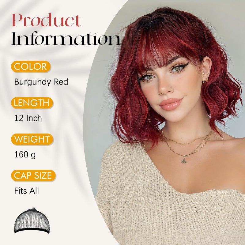 SOFEIYAN Short Wavy Bob Wig with Bangs Women 30 cm Synthetic Wig for Women Natural Curly Wig for Cosplay Everyday Party Halloween - Image 2