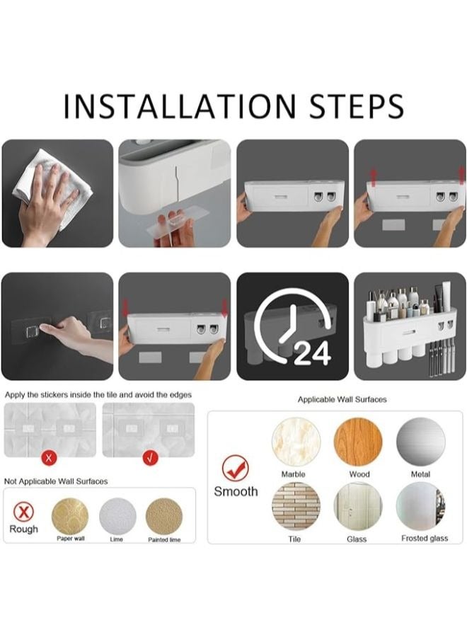 حامل فرشاة الأسنان المقلوب مزدوج التلقائي عصارة معجون الأسنان موزع تخزين الرف اكسسوارات الحمام مع 4 أكواب - Image 3