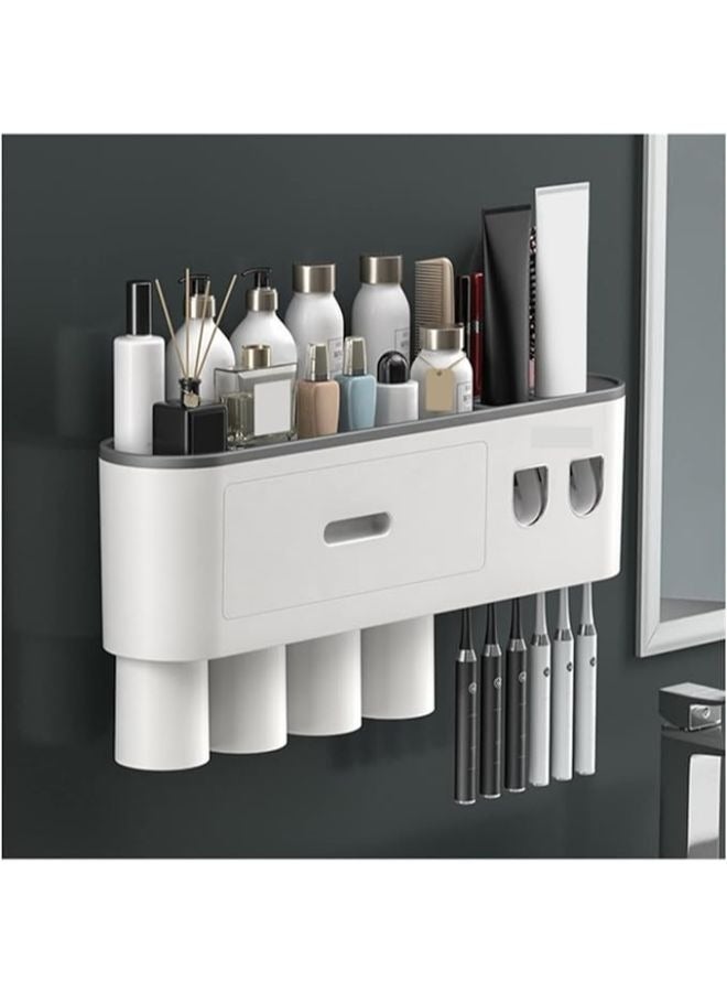 حامل فرشاة الأسنان المقلوب مزدوج التلقائي عصارة معجون الأسنان موزع تخزين الرف اكسسوارات الحمام مع 4 أكواب - Image 5