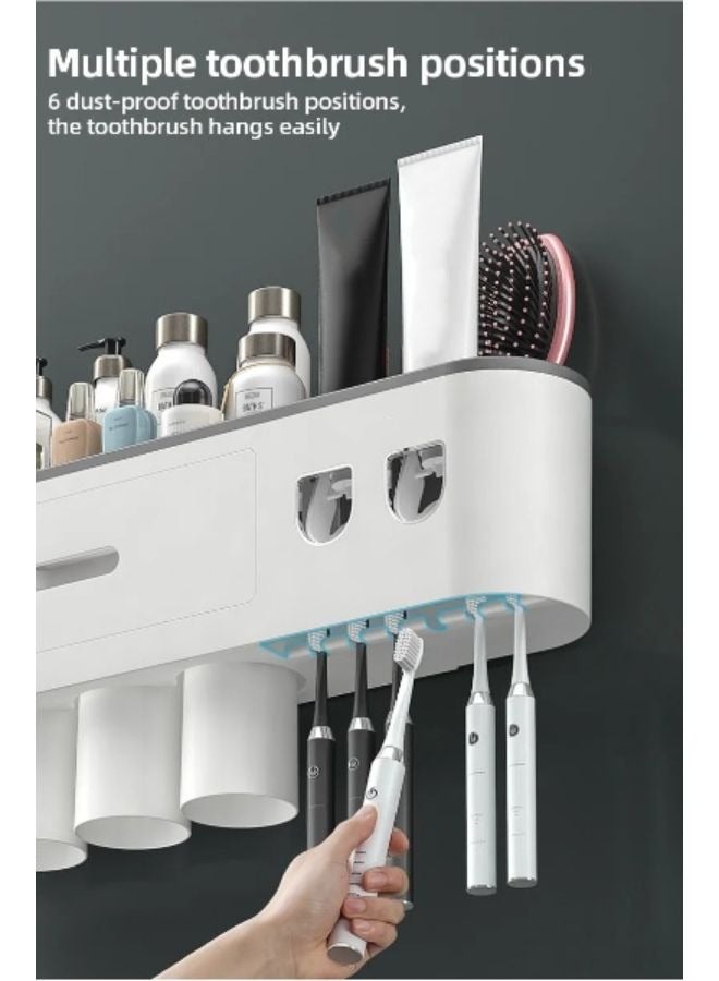 حامل فرشاة الأسنان المقلوب مزدوج التلقائي عصارة معجون الأسنان موزع تخزين الرف اكسسوارات الحمام مع 4 أكواب - Image 4