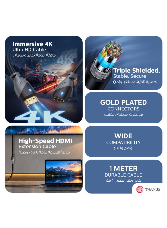 Trands High-Speed 4K Ultra HD HDMI Extension Cable, 1 Meter, Triple-Shielded, Gold-Plated, Black - Image 2