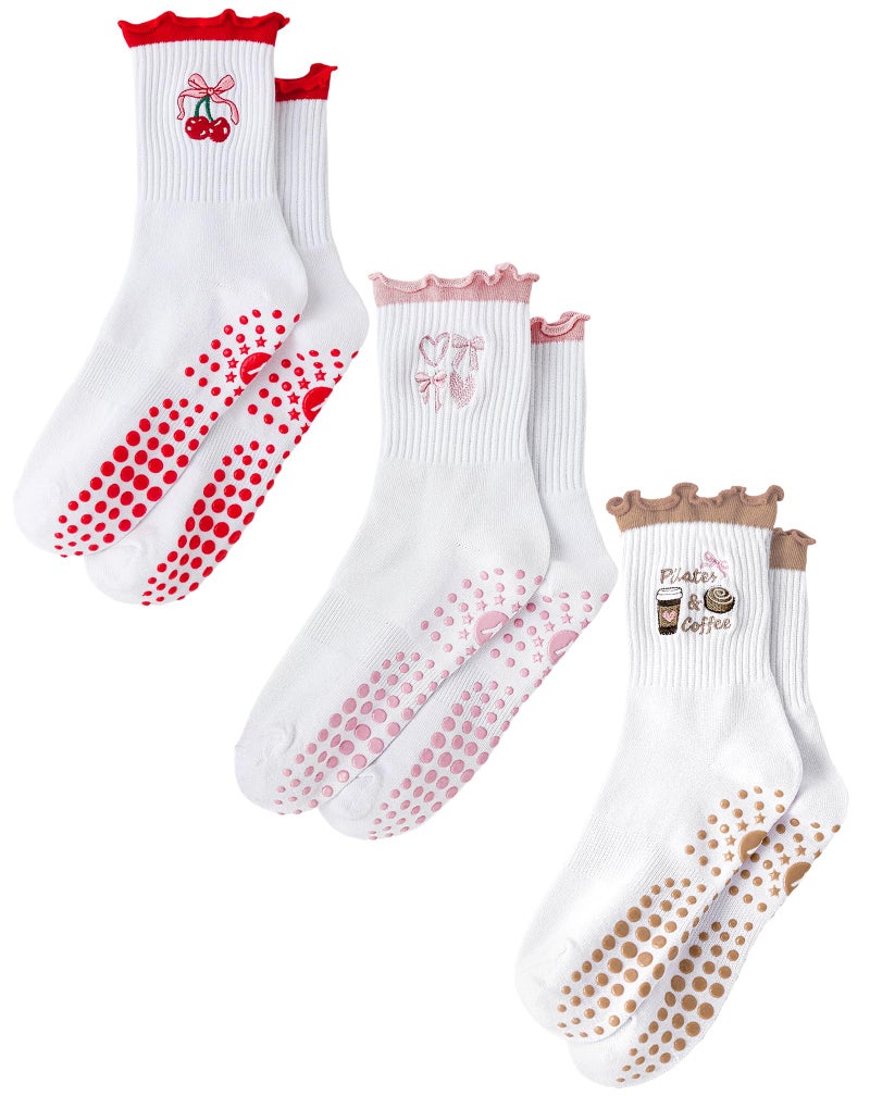 Yawlsow Cute Pilates Grip Socks for Women Ruffle Frilly Yoga Socks Non Slip Cotton Crew Grippy Sock for Barre Workout (US, Alpha, One Size, Regular, Regular, 3 Pack-Red & Pink & Brown) - Image 1