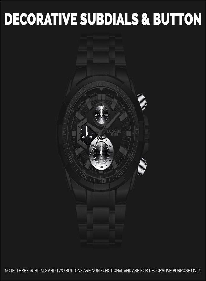 LONGBO Black Business Casual Stainless Steel Decorative Subdials Big Blue Dial Scratch Resistant Waterproof Analog Watch For Men And Boys - Image 3