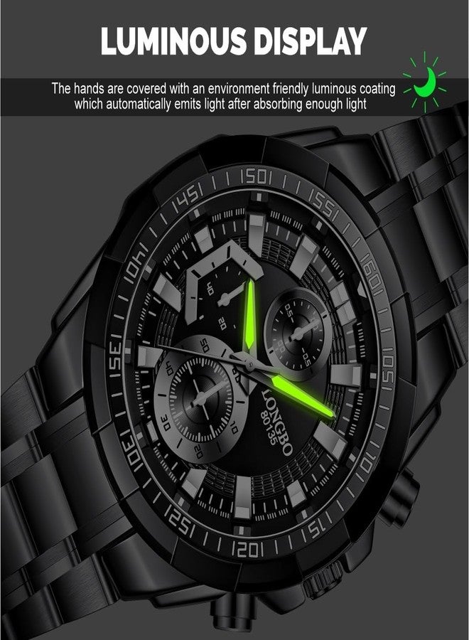 LONGBO Black Business Casual Stainless Steel Decorative Subdials Big Blue Dial Scratch Resistant Waterproof Analog Watch For Men And Boys - Image 4
