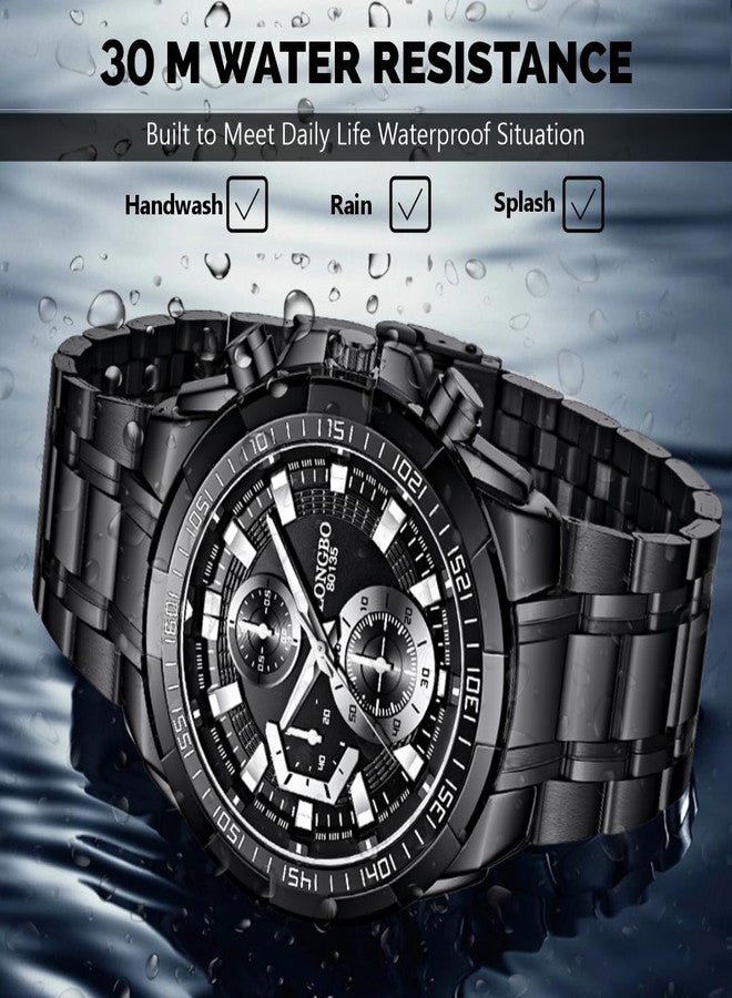 LONGBO Black Business Casual Stainless Steel Decorative Subdials Big Blue Dial Scratch Resistant Waterproof Analog Watch For Men And Boys - Image 5