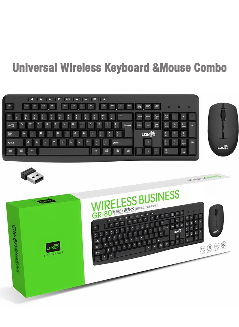 LDKAI مجموعة لوحة المفاتيح والفأرة اللاسلكية GR-80 – لوحة مفاتيح رفيعة 2.4G مع مفاتيح وسائط متعددة، فأرة بصرية، مستقبل نانو، نطاق 10 متر – 104 مفتاح، لجهاز الكمبيوتر ويندوز، اللابتوب، سطح المكتب (أسود) - Image 2