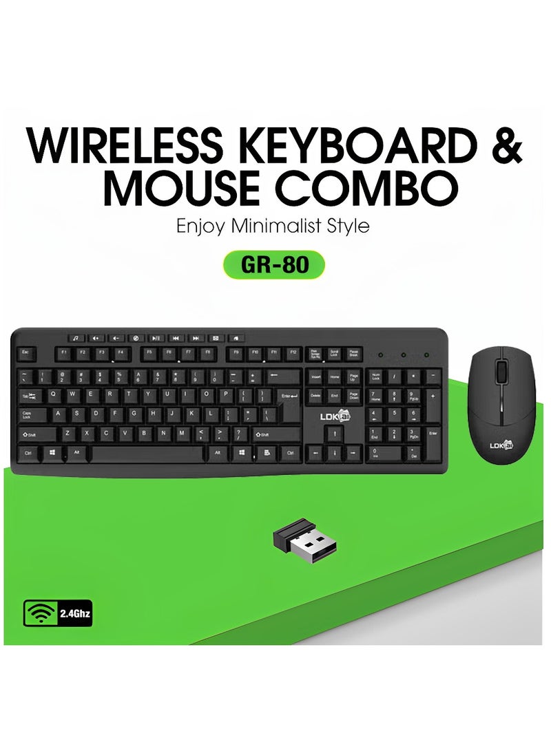 LDKAI مجموعة لوحة المفاتيح والفأرة اللاسلكية GR-80 – لوحة مفاتيح رفيعة 2.4G مع مفاتيح وسائط متعددة، فأرة بصرية، مستقبل نانو، نطاق 10 متر – 104 مفتاح، لجهاز الكمبيوتر ويندوز، اللابتوب، سطح المكتب (أسود) - Image 1