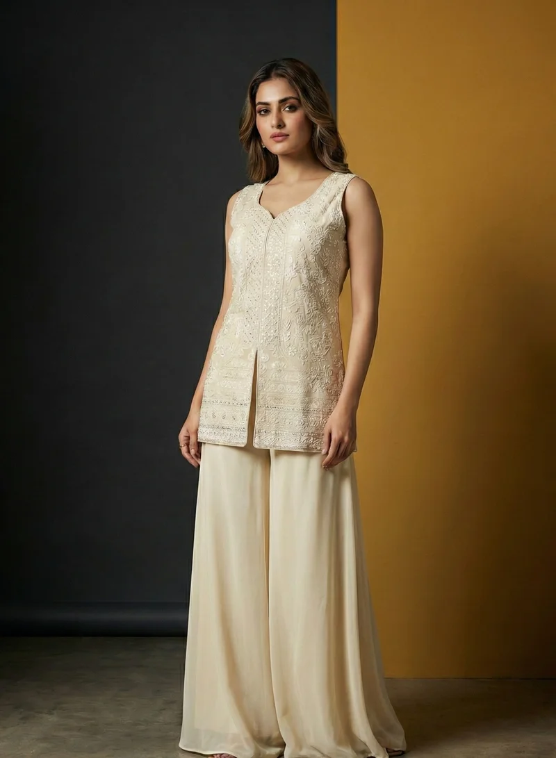 Lehar Women's Off-White Georgette Sleeveless Kurta with Flared Sharara Pants