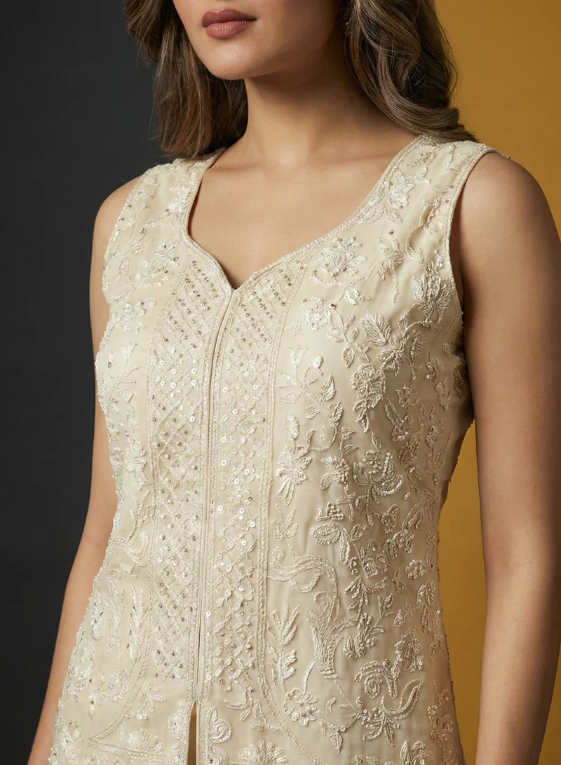 Lehar Women's Off-White Georgette Sleeveless Kurta with Flared Sharara Pants