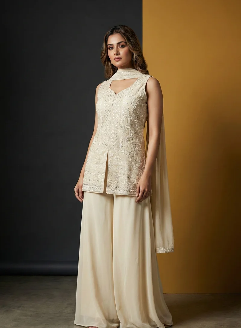 Lehar  Women's Off-White Georgette Sleeveless Kurta with Flared Sharara Pants for Women | Best Price UAE
