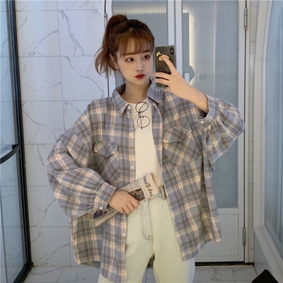 2022 early spring new small fresh loose plaid Joker age-reducing long sleeve shirt womens jacket coat wholesale Blue - Image 1