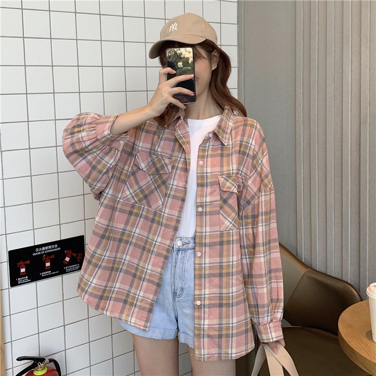 2022 early spring new small fresh loose plaid Joker age-reducing long sleeve shirt womens jacket coat wholesale Blue - Image 2