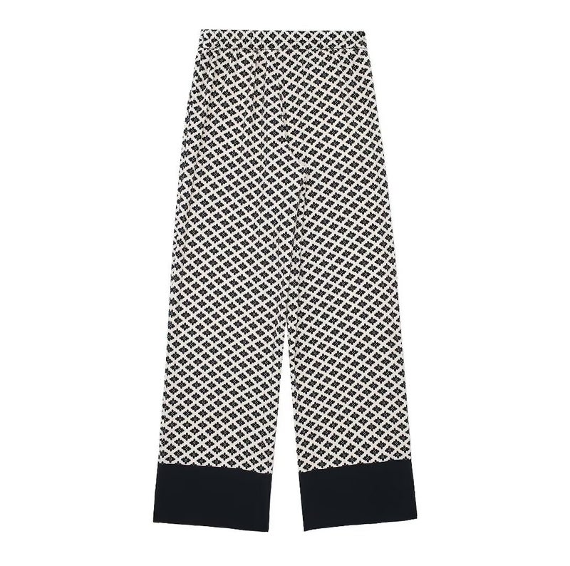 2024 spring and summer new European and American cross-border womens casual flower printed color matching shirt long pants suit 938624 Colorblock Pants