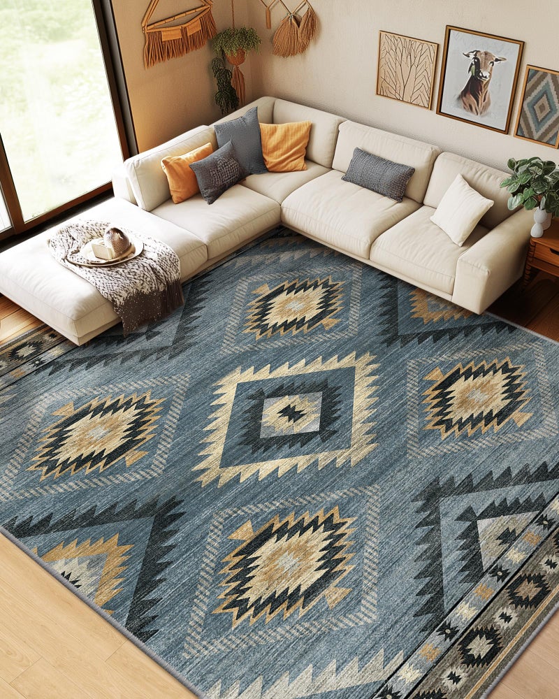BESTSWEETIE Area Rug 8x10 Rug Machine Washable Non-Slip Low Pile Print Pattern Western Rug for Living Room Bedroom Navy/Grey - Image 1
