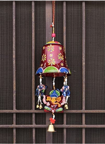 ADITYA IMPEX ADITYA IMPEX Handicraft rajasthane Wooden Colored Desing Decorative showpice Wind Chimes for Home Balcony Garden Positive Energy Decor Hanging Long Bells Ganesh with Elephant Set of 1 Piece Maroon  - Image 3