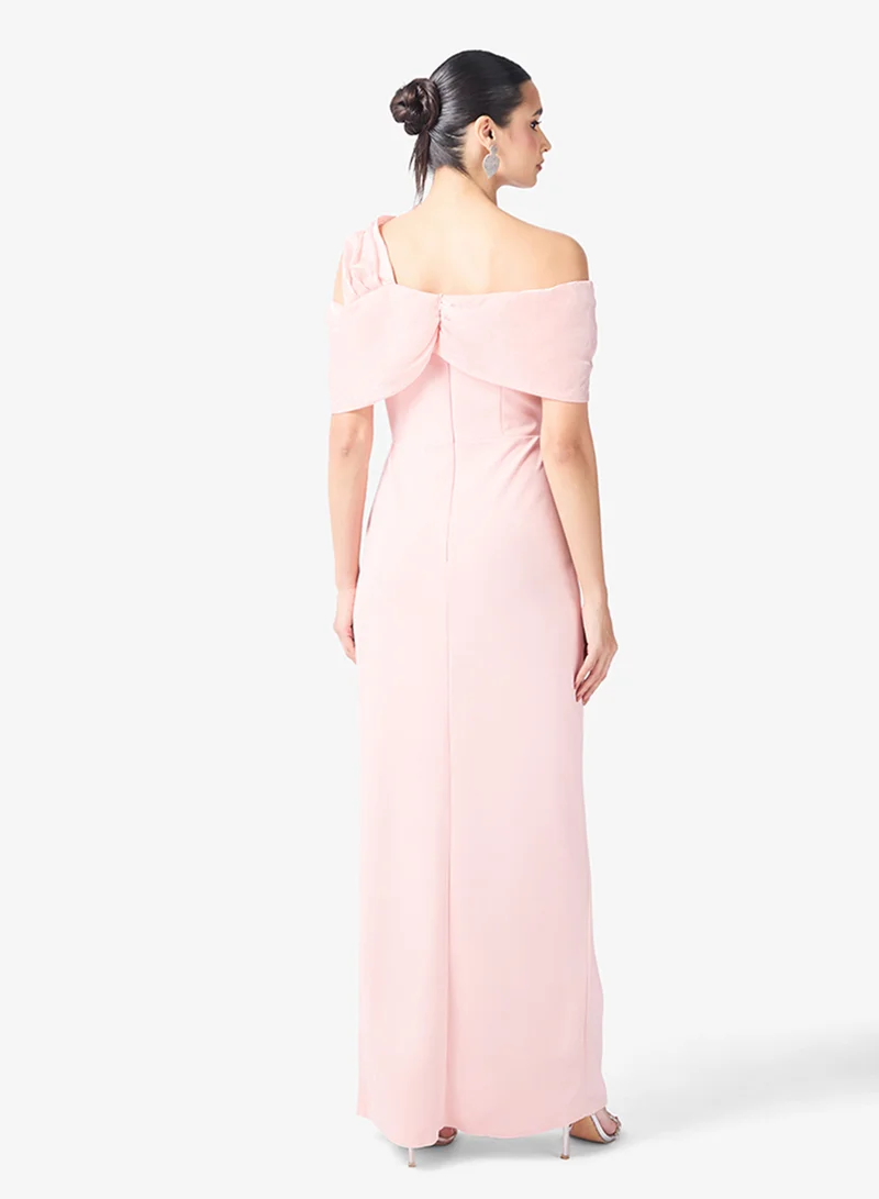 Namshi x Assymetric Shoulder Column Dress with Floral Embellishment