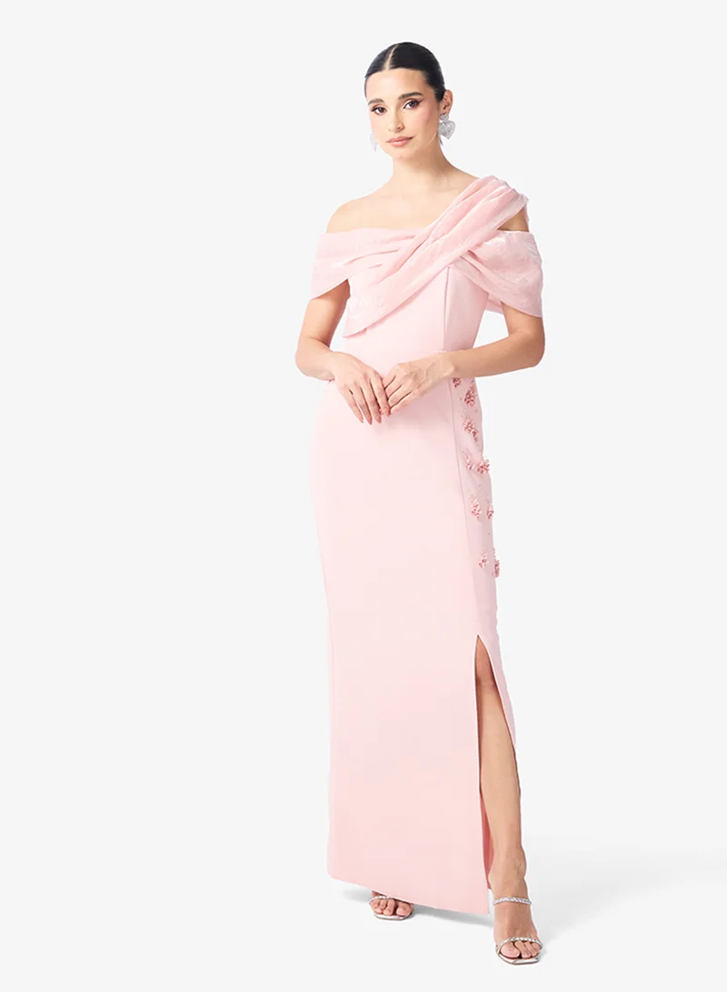 Assymetric Shoulder Column Dress with Floral Embellishment