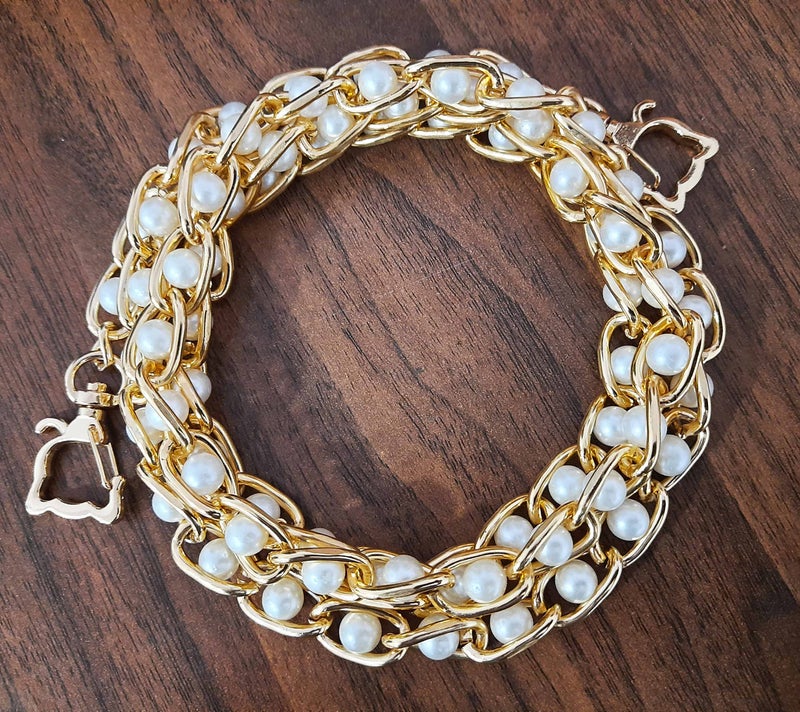 Tia Premium Purse Shoulder Bag Chain Strap Handle, Handbag Purse Chain Replacement, Purse, Clutch Making, Replacement, Decoration & DIY (Golden Chain with Pearl and Cat Hook-115Cm, 1 Pc) - Image 1