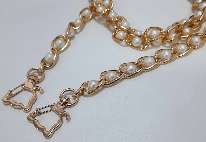Tia Premium Purse Shoulder Bag Chain Strap Handle, Handbag Purse Chain Replacement, Purse, Clutch Making, Replacement, Decoration & DIY (Golden Chain with Pearl and Cat Hook-115Cm, 1 Pc) - Image 4