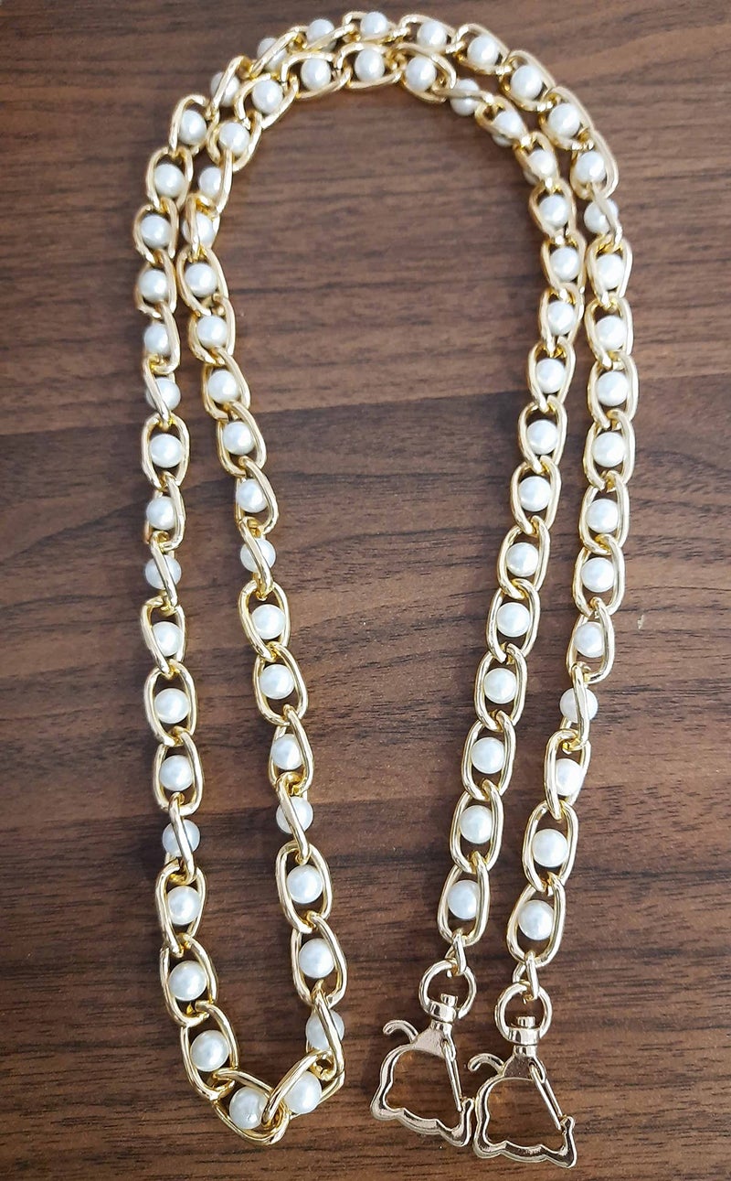 Tia Premium Purse Shoulder Bag Chain Strap Handle, Handbag Purse Chain Replacement, Purse, Clutch Making, Replacement, Decoration & DIY (Golden Chain with Pearl and Cat Hook-115Cm, 1 Pc) - Image 2