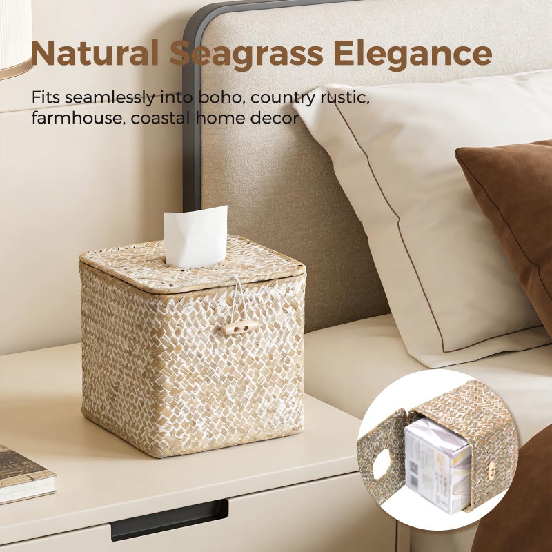 S310 Tissue Box Cover Square, Woven Seagrass Tissue Box Holder with Lid, Wicker Tissue Box Decorative Facial Cube Tissue Cover for Bathroom Office Table, Whitewash - Image 5