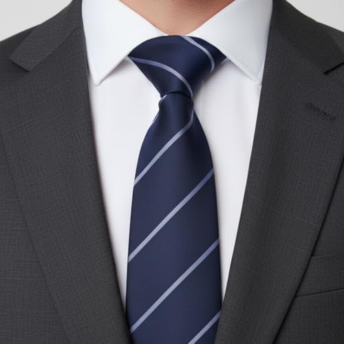 Young Arrow Men's Stripe Microfiber Necktie | Formal Tie for Office, Wedding & Party | Elegant Striped Pattern | Business, Casual & Gift Wear Accessory (Navy Blue & Grey) - Image 4