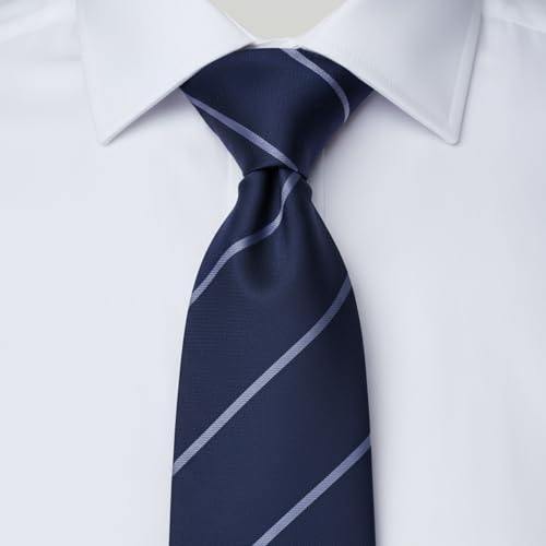 Young Arrow Men's Stripe Microfiber Necktie | Formal Tie for Office, Wedding & Party | Elegant Striped Pattern | Business, Casual & Gift Wear Accessory (Navy Blue & Grey) - Image 3