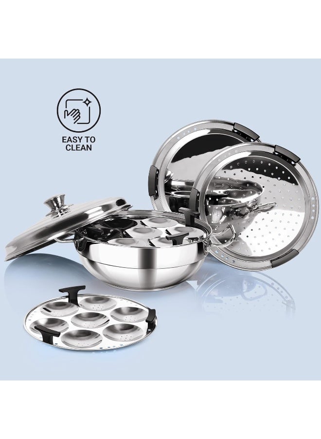 Milton طقم طهي متعدد من الفولاذ المقاوم للصدأ مع غطاء (2 - طبق إيدلي؛ 1 - طبق إيدلي صغير؛ 1 - طبق بخار؛ 2 - طبق دهوكلا)، 26 سم، فضي | آمن للاستخدام على الحث | آمن للاستخدام على اللهب والموقد وغسالة الصحون - Image 4