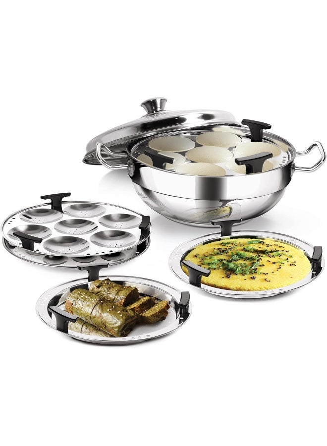 Milton طقم طهي متعدد من الفولاذ المقاوم للصدأ مع غطاء (2 - طبق إيدلي؛ 1 - طبق إيدلي صغير؛ 1 - طبق بخار؛ 2 - طبق دهوكلا)، 26 سم، فضي | آمن للاستخدام على الحث | آمن للاستخدام على اللهب والموقد وغسالة الصحون - Image 1
