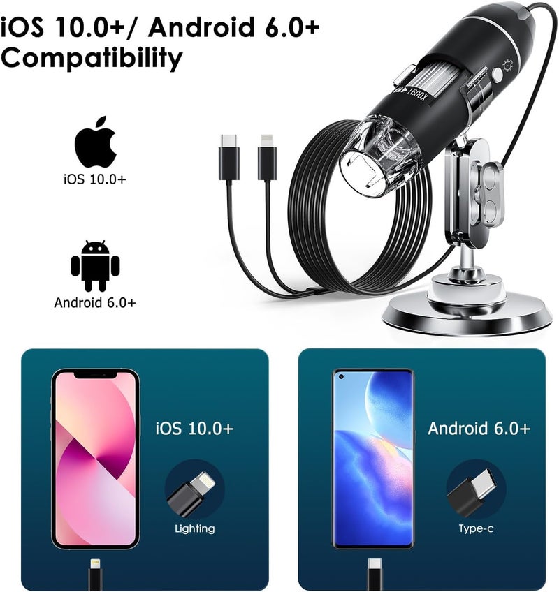 Microware ميكروسكوب رقمي USB نوع-C و Lightning، كاميرا فحص USB محمولة 50x-1600x تكبير، ميكروسكوبات جيب محمولة مع 8 مصابيح LED وحامل، متوافقة مع iPhone و Android - Image 3