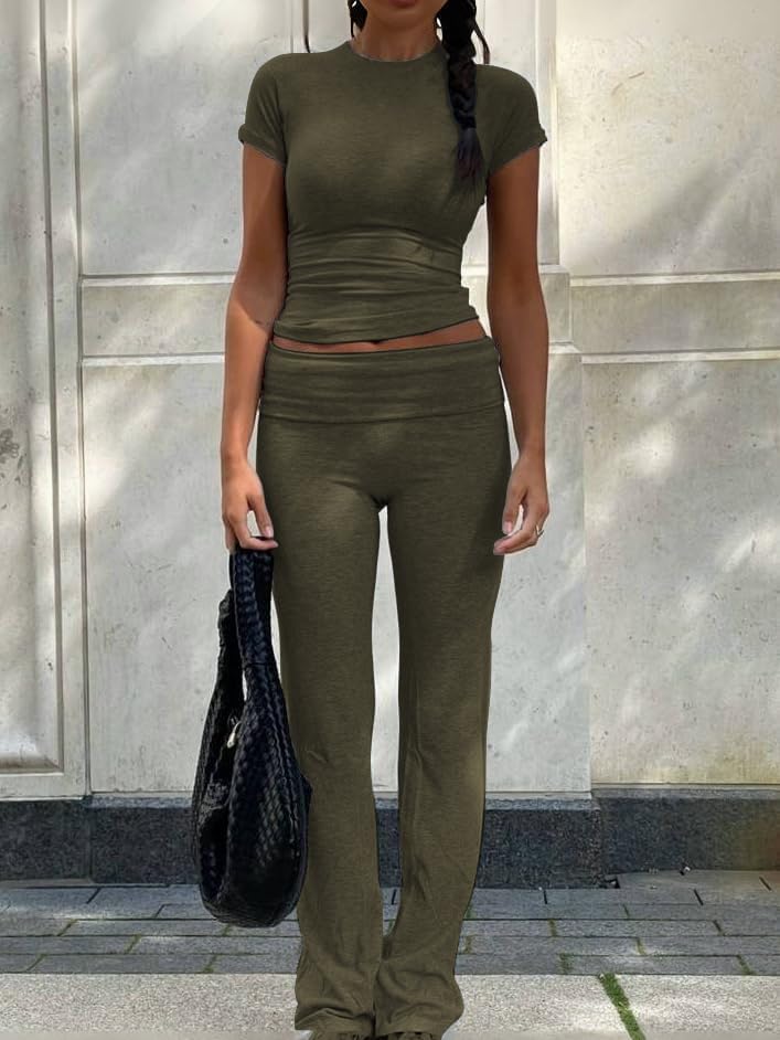ZFLM Casual Workout Two Piece Outfits for Women Short Sleeve Crop High Waist Foldover Flare Pants Tracksuit Sets Streetwear - Image 3