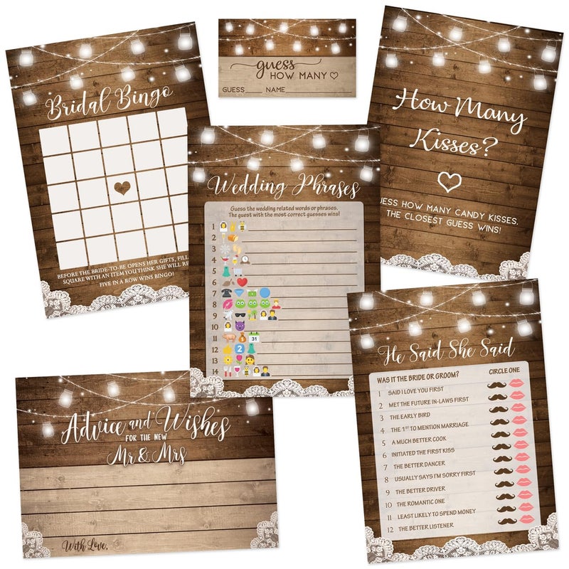Printed Party Bridal Shower Game Set  5 Fun Games and Activities for 50 Guests Includes Bingo Trivia Guess How Many and Advice Cards Rustic Country Wedding Shower Games