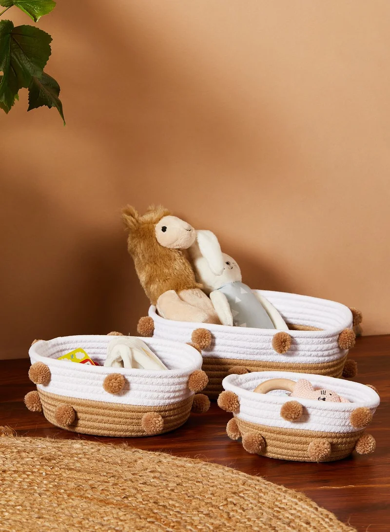 AURORA Cream Woven Storage Basket With Pom Poms