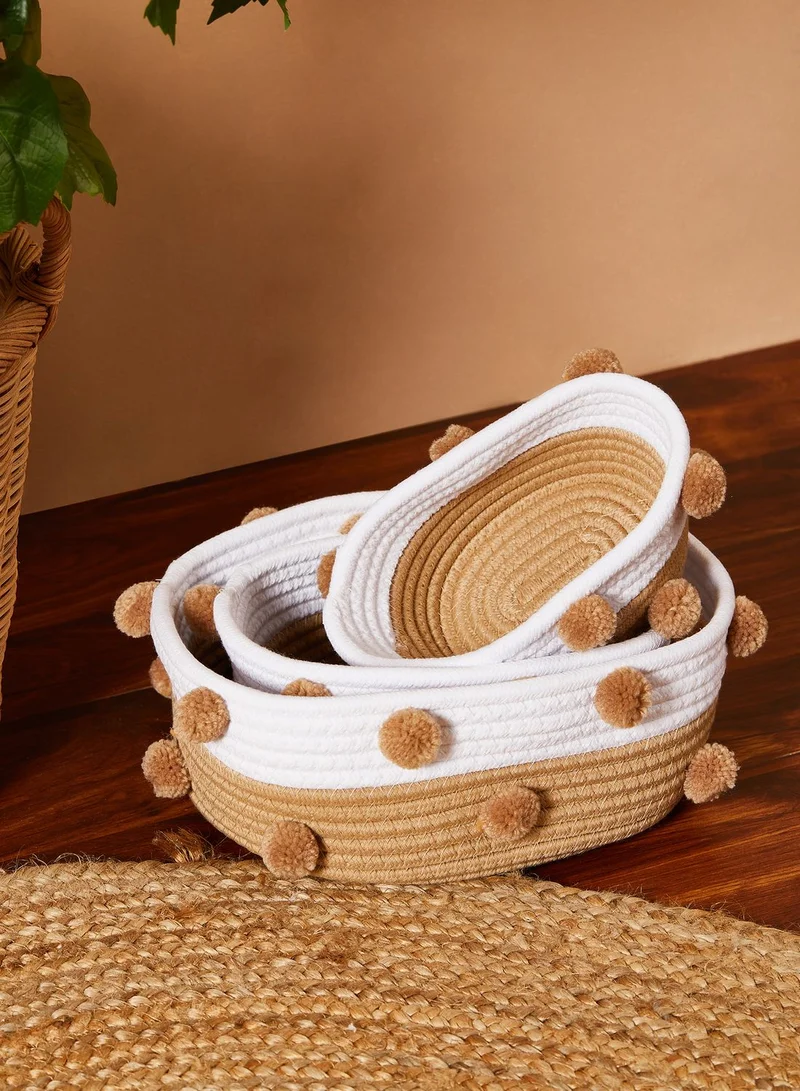 AURORA Cream Woven Storage Basket With Pom Poms