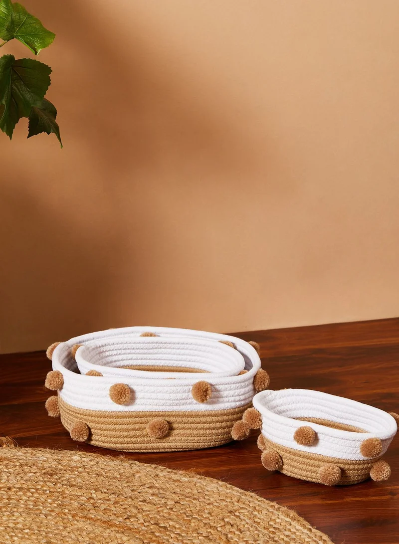AURORA Cream Woven Storage Basket With Pom Poms