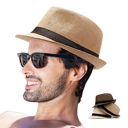 LADYBRO Fedora Hat Mens Trilby Straw Sunhat Panama Cuban Party 1920s Short Brim Summer Pack of 3(Beige,Coffee,Khaki) - Image 1