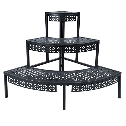 حامل نباتات ثلاثي الطبقات من ابوكو، رف زهور معدني بتصميم درج السلم، رف زاوية لعرض الأواني، حامل عرض ربع دائري للاستخدام الداخلي والخارجي، أسود نصف دائري