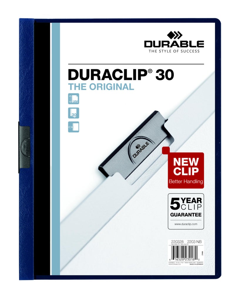 Durable غلاف تقرير متين مع مشبك DURACLIP بحجم ورقة 8.5" x 11" بوصة - يحمل حتى 30 صفحة - غلاف شفاف وحدود زرقاء داكنة - علبة من 25 - Image 1