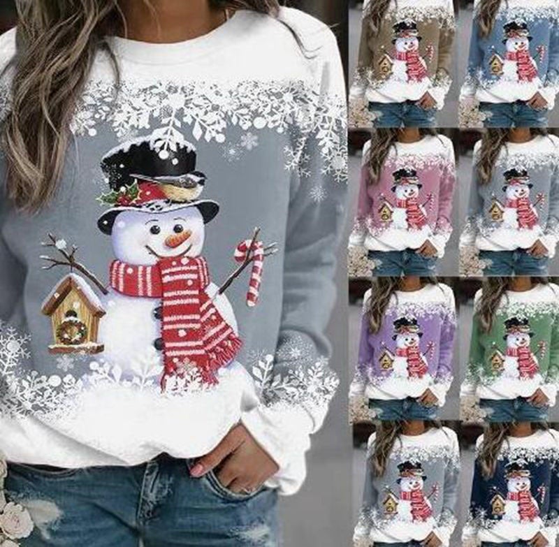 2022 Selling Christmas 3D Digital Print Round Neck Wish Long Sleeve Casual Loose T-Shirt Women - Image 2