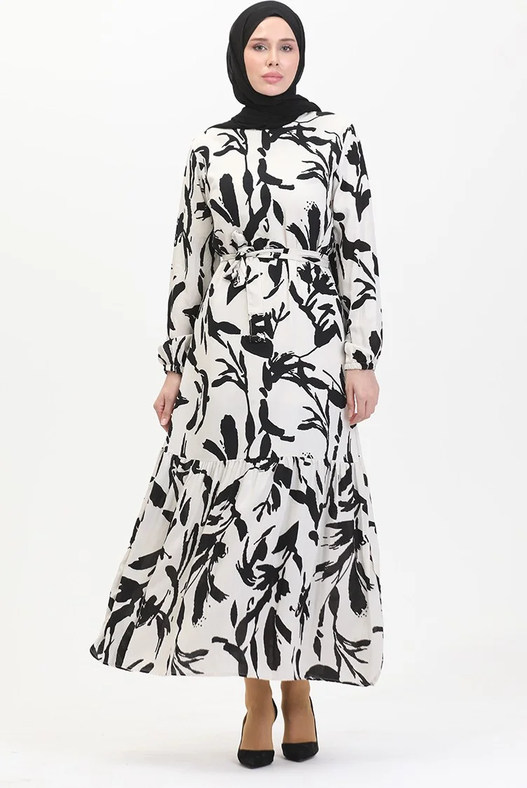 Sefa Merve Patterned Belted Dress 0444-05 Ecru Black