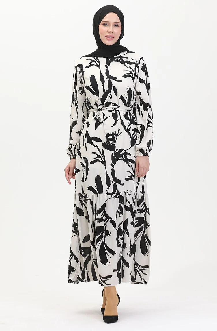 Sefa Merve Patterned Belted Dress 0444-05 Ecru Black