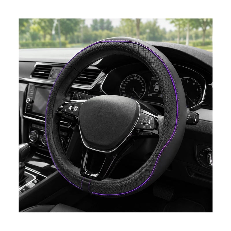 ZNDAW Car Steering Wheel Cover 15 Inch AntiSlip Breathable Leather Auto Steering Wheel Protector Full Surround Soft Steering Wheel Cover for Men Women Car Interior Accessories Black Purple - Image 2