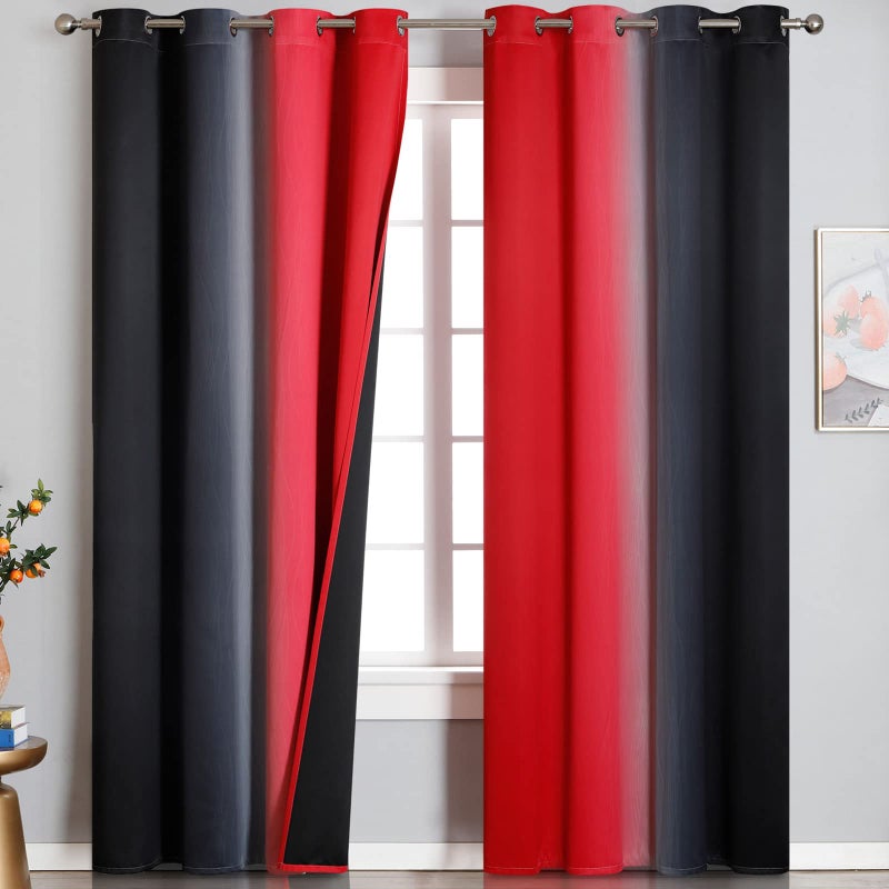 Ombre Red and Black Curtains 96 Inches Long Total Blackout Curtains for Bedroom Thermal Insulated Gradient Grommet Drapes Full Light Blocking Curtains for Living Room 52x96 Inch 2 Panels