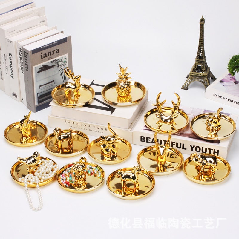 Nordic Electroplated Gold Ceramic Crafts Gift Jewelry Disc Ring Watch Home Storage Plate Gold Deer Animal Ornaments - Image 3